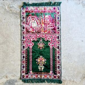 Vintage SWAN Brand Temple Oriental Chinese Velveteen Tapestry Rug Fringe 44 x 22